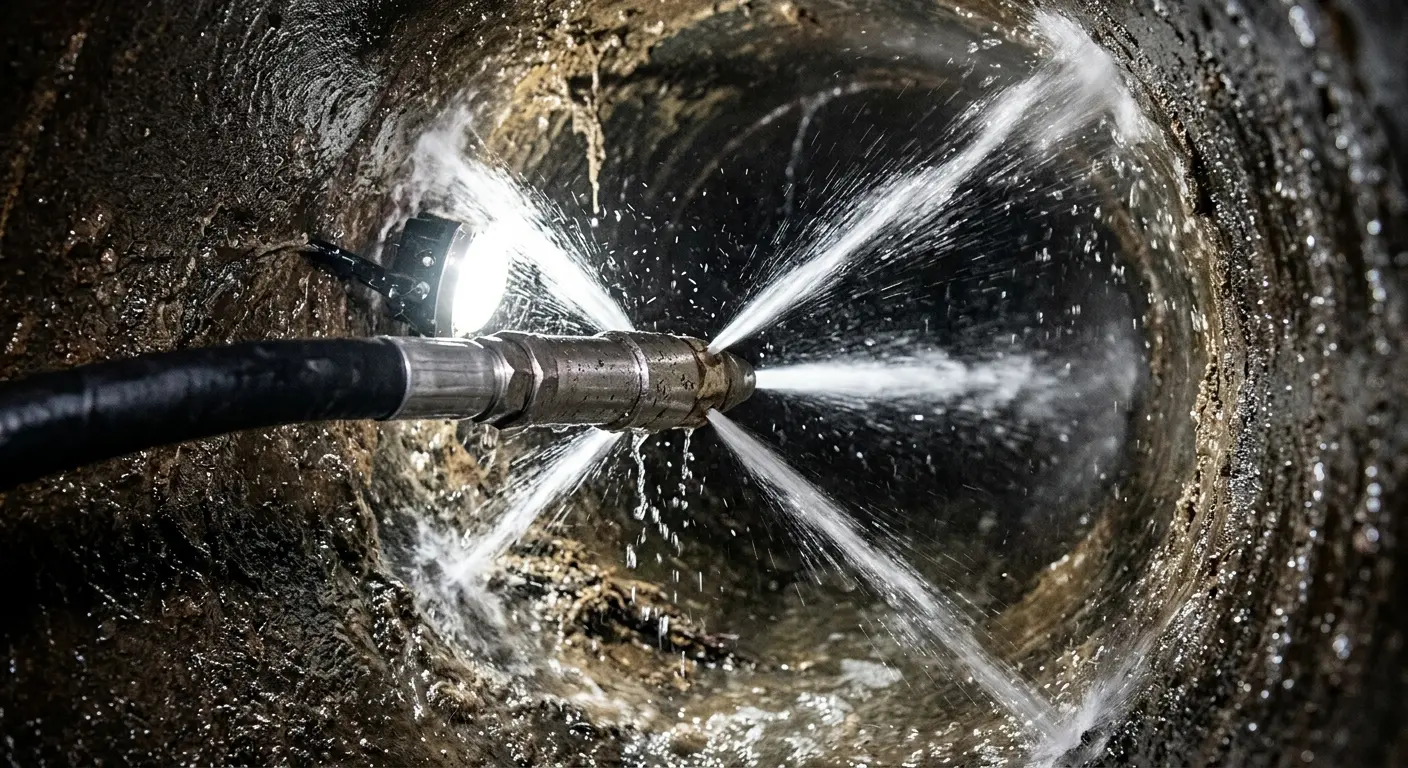 High-pressure hydro jetting nozzle cleaning sewer pipe for Sewer Line Relining in Wethersfield