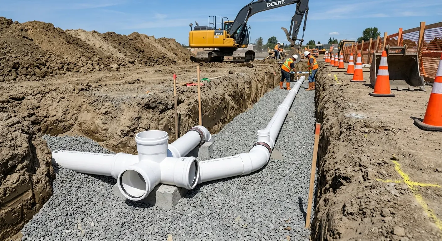 New PVC sewer pipe installation in open trench for Sewer Backup in Wethersfield