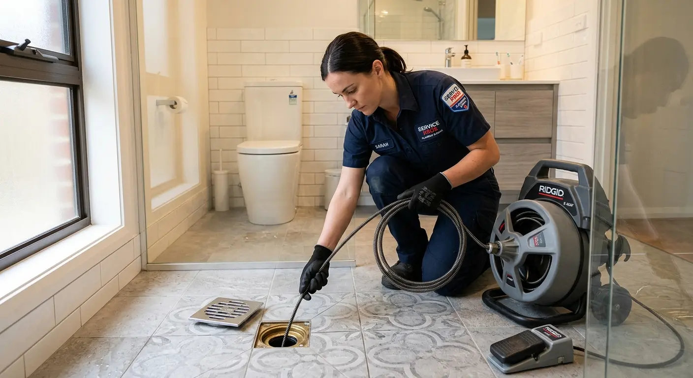Technician clearing a bathroom floor drain for Drain Cleaning in Wethersfield